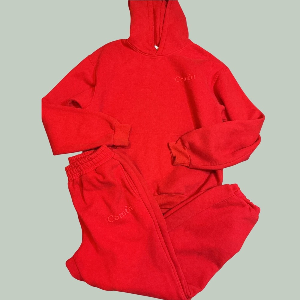 Comfrt Red Fleece Hoodie and Sweatpants Set Relaxed Fit sz M Loungewear